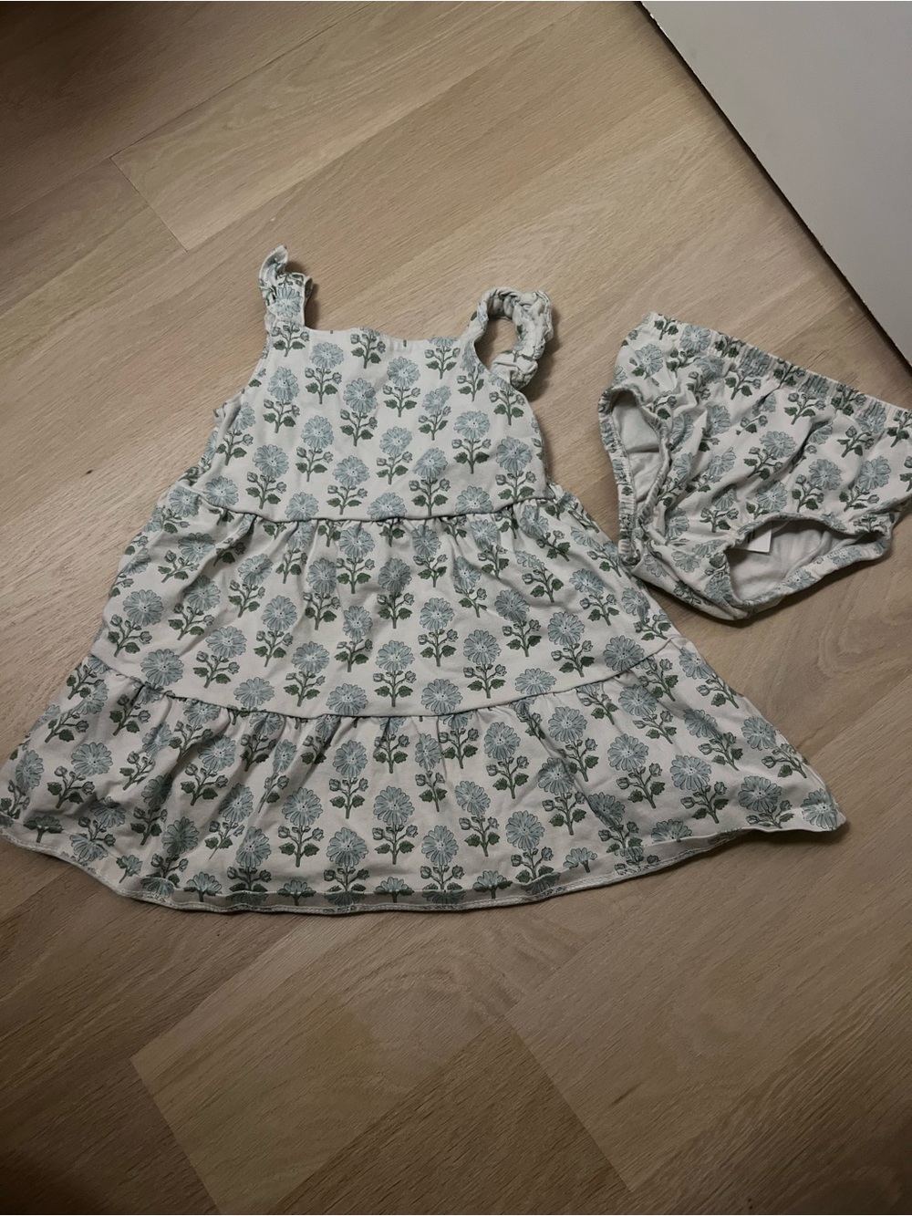 Carter's Cream Dress with Green Floral Print and Matching Bloomers